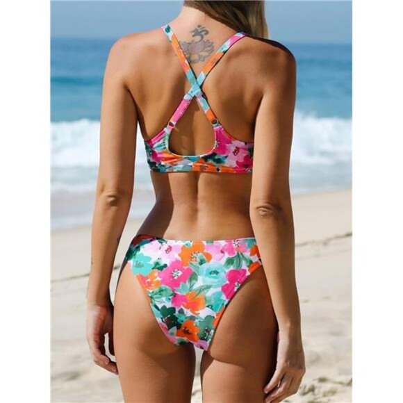 Women's Two Piece Bikini Set Floral Print Knot Bunny Tie - Picture 2 of 7